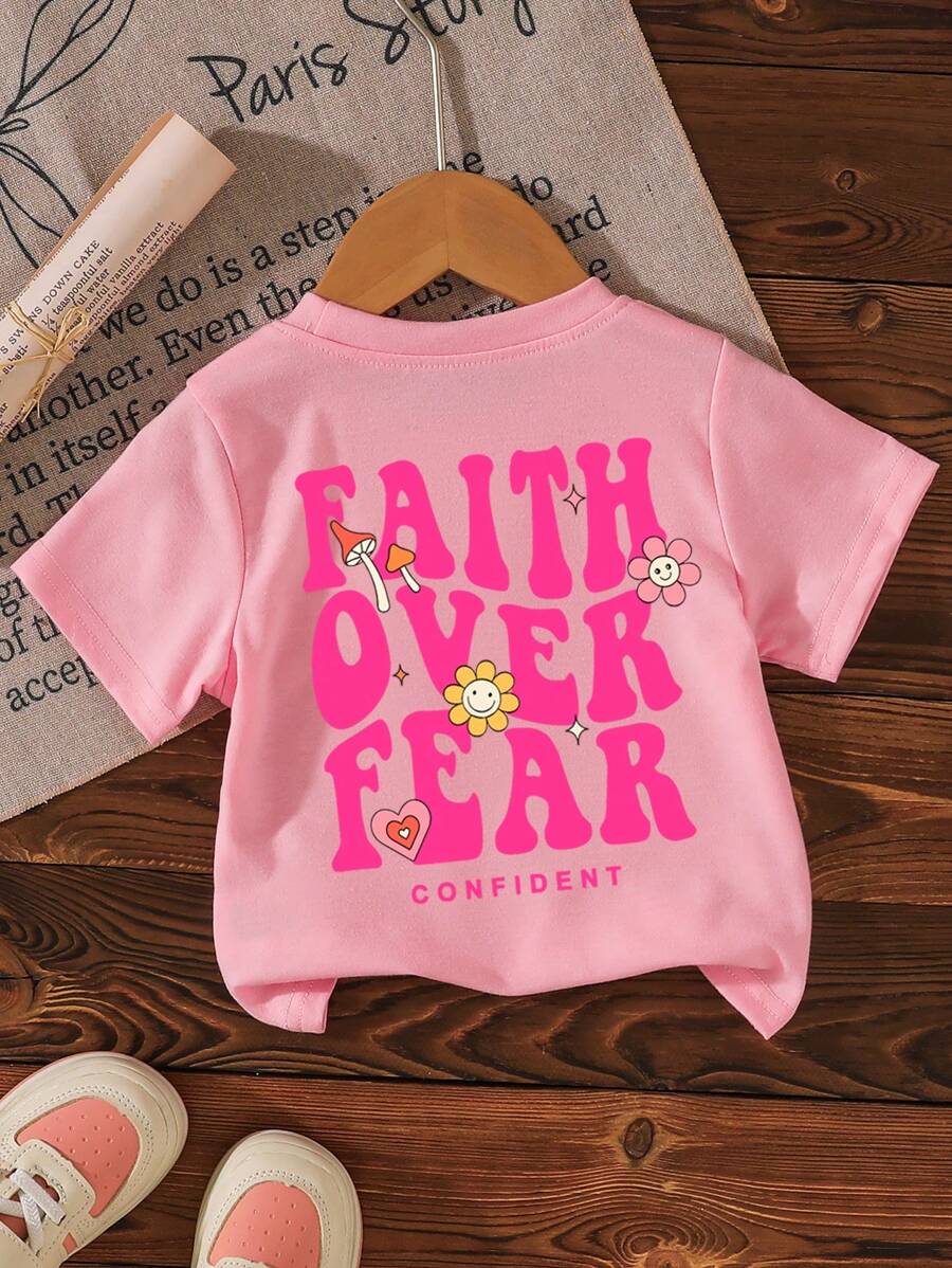 Cute And Fun Letter Printed Casual Comfortable Round Neck Short Sleeve T-Shirt For Baby Girls, Suitable For Summer Vacation - Pink - View 1