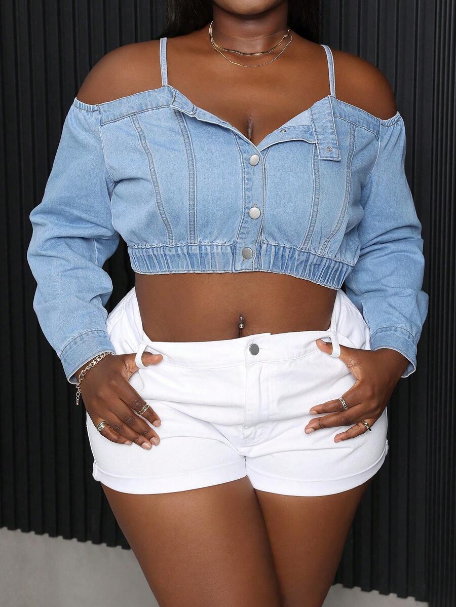 SHEIN SXY Blusa di jeans corta con scollo a spalle scoperte e senza maniche, taglie forti