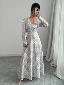 Elenzga Digital Print Waist Cinching Long Sleeve Dress Maxi Women Outfit - White - View 3