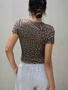 DAZY Women's All-Over Print V-Neck Short Sleeve T-Shirt, Summer Tee - Brown - View 5