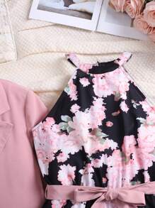 SHEIN 2 件套青少年女孩秋季粉色缺口领不对称下摆长袖夹克和宽松花卉印花连体裤优雅休闲/工作装 - 粉色 - 查看 4