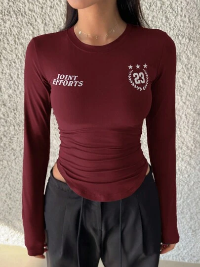Women's Crew Neck Letter & Number Print Long Sleeve Wrap-Around Hem T-Shirt, Graphic Tee Jersey,Fall Clothes