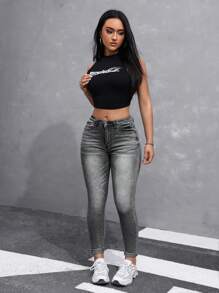 SHEIN Essnce Button Detail Pocket Jeggings - Grey - View 2