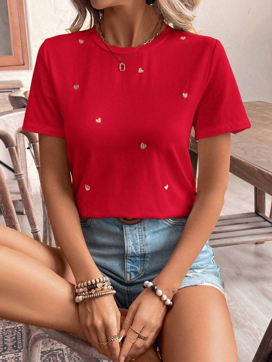 SHEIN Frenchy 女士线绣花心形印花休闲日常穿着短袖 T 恤，夏季 T 恤女士 T 恤茶会服装刺绣上衣 T 恤夏季上衣 - 紅色 - 查看 1