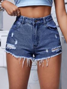 SHEIN PETITE Quần short denim rách rưới cài nút phía trước nhiều túi cho nữ, quần Jort, trang phục thường ngày - Rửa tối - Xem 4