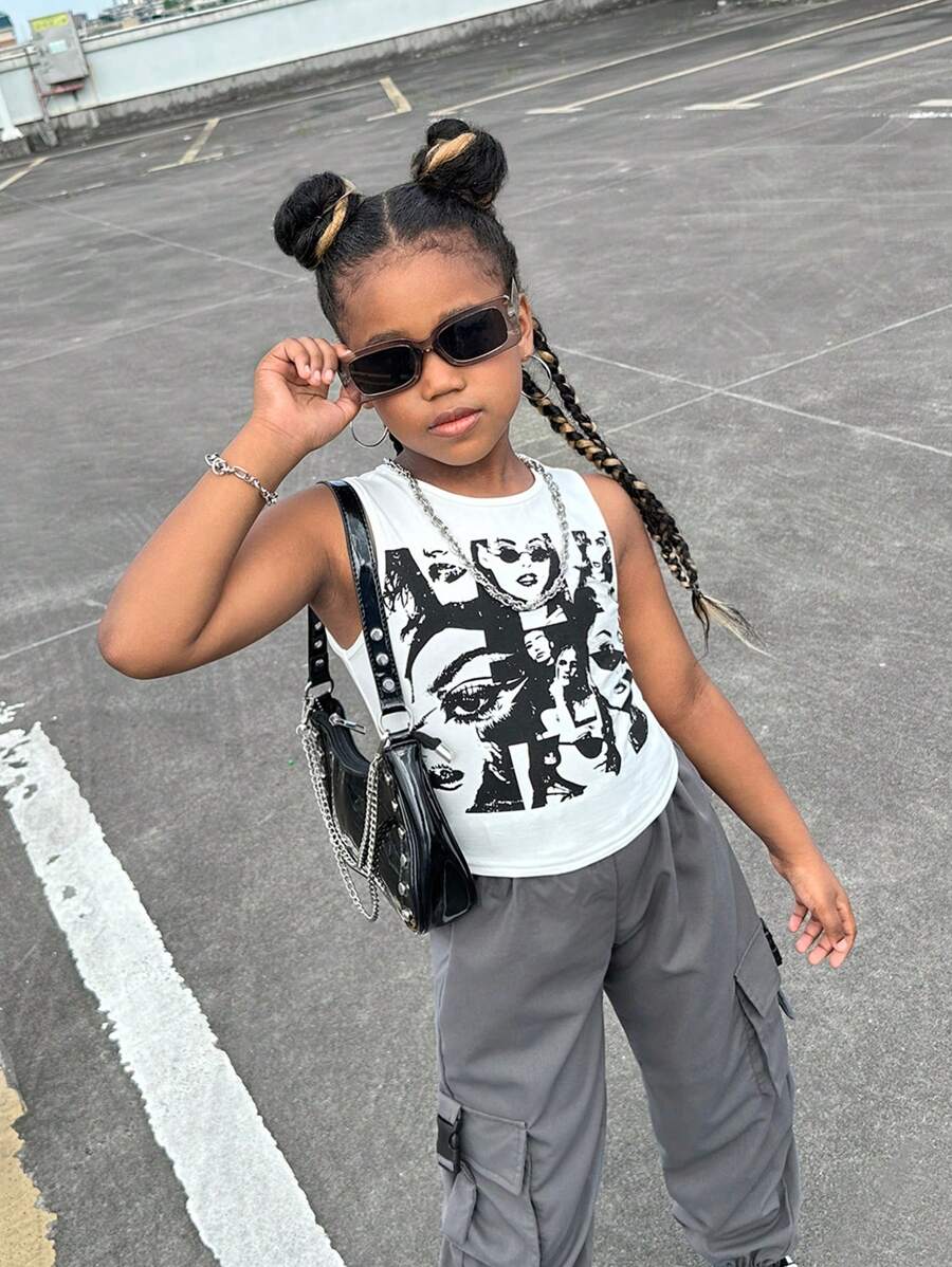 SHEIN Tween 女童休闲圆领肖像印花无袖背心,夏季 - 黑色 - 查看 1