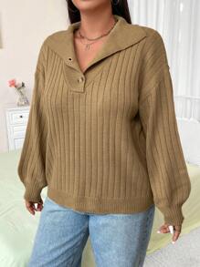 Flirla Plus Size Simple Solid Color Half Button Long Sleeve Sweater Knit Pullover Fall Winter - Khaki - View 7