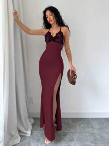 Elenzga Summer Sexy Colorblock Contrast Lace Deep V Neck Backless High Slit Dress, Date Night Dress - Burgundy - View 1