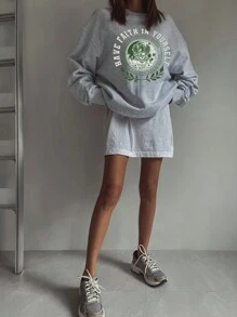 DAZY Women's Loose Fit Graphic Print Crew Neck Sweatshirt, Autumn,Fall Women Clothes - Light Grey - View 3