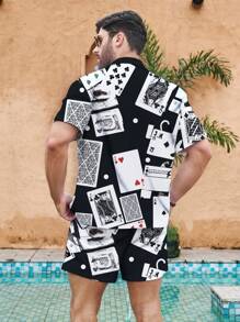 Manfinity Swimmode Large Size Men's Revere Collar Allover Print Short Sleeve Top & Front Tie Hem Beach Shorts Set