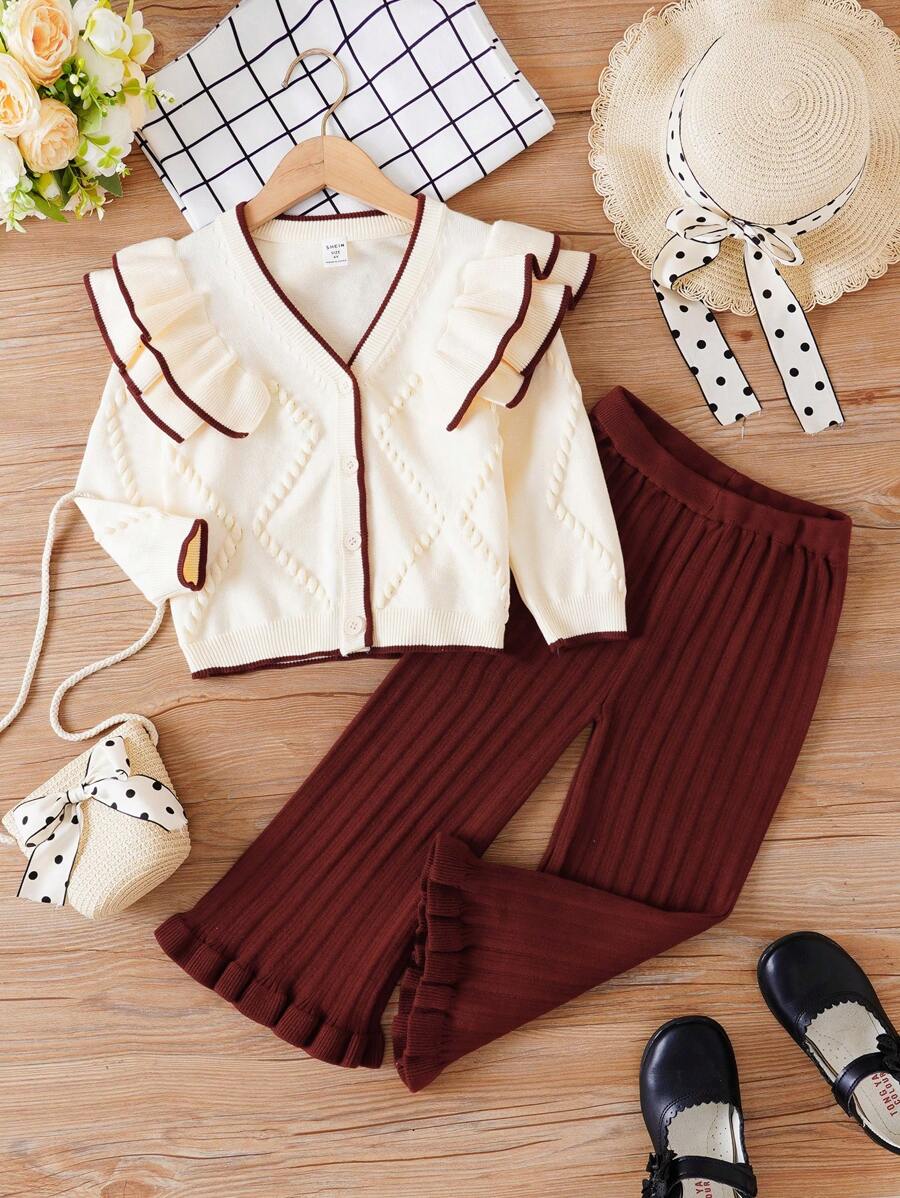SHEIN Young Girl Ruffled Cardigans & Flare Pants Set, Autumn/Winter - Apricot - View 1