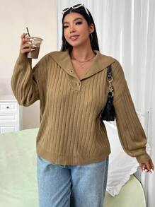 Flirla Plus Size Simple Solid Color Half Button Long Sleeve Sweater Knit Pullover Fall Winter - Khaki - View 6