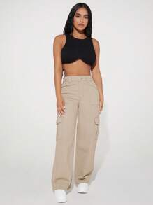 SHEIN PETITE Women's Baggy Utility Pocketed Wide Leg Casual Loose Fitting Jeans - Khaki - View 3