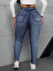 SHEIN SXY 大码高腰紧身修身牛仔裤 - 深色水洗藍 - 查看 7