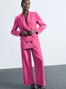 Maija 女士条纹印花双排扣长袖西装外套和长裤优雅套装 - 淡紫色 - 查看 5