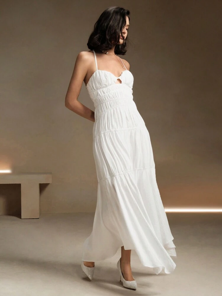 Women's Spaghetti Strap Backless Crisscross Graceful Halter Sexy Elegant Asymmetrical Hem White Dress