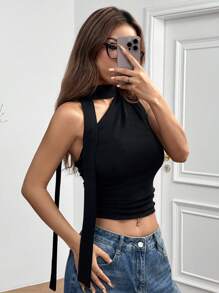 Muchica 女士不对称领口无袖褶饰优雅黑色上衣 - 黑色 - 查看 3