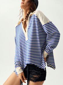 Bohemela Camiseta de manga larga holgada con escote delantero abierto, de punto a rayas azules y blancas, con bajo asimétrico, para mujer, otoño