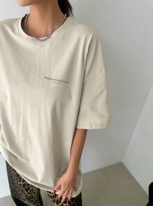 DAZY Women's Loose Casual T-Shirt With Slogan Print And Dropped Shoulder Short Sleeve, Summer Oversized T-Shirt
