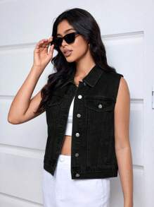 SHEIN Essnce Áo khoác denim không tay túi nút phía trước màu trơn dành cho nữ - màu đen - Xem 3