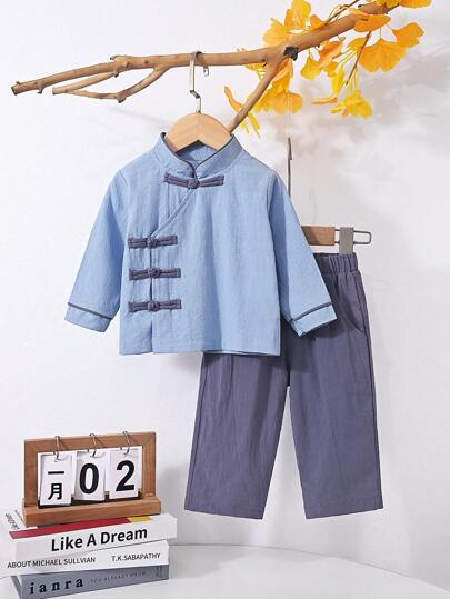 2 piezas/set Conjunto informal de manga larga con abotonadura de estilo hanfu suave y cómodo para niños pequeños, apto para uso en exteriores en otoño/invierno, vacaciones, uso diario, viajes