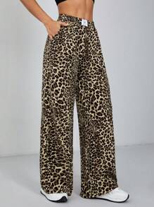 Muchica 女士豹纹印花编织阔腿街头长裤 - 棕色 - 查看 3