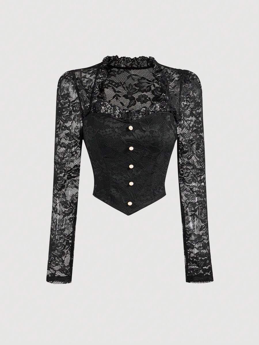SHEIN MOD 女士蕾丝边性感长袖衬衫 - 黑色 - 查看 1