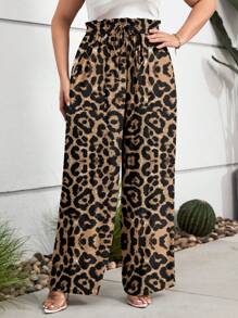 SHEIN LUNE Plus Size Women's Ruffle Trim Front Tie Leopard Print Pocket Casual Pants