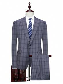 Manfinity Mode Conjunto de chaqueta y pantalones a cuadros de talla grande para hombre - Azul - Ver 1
