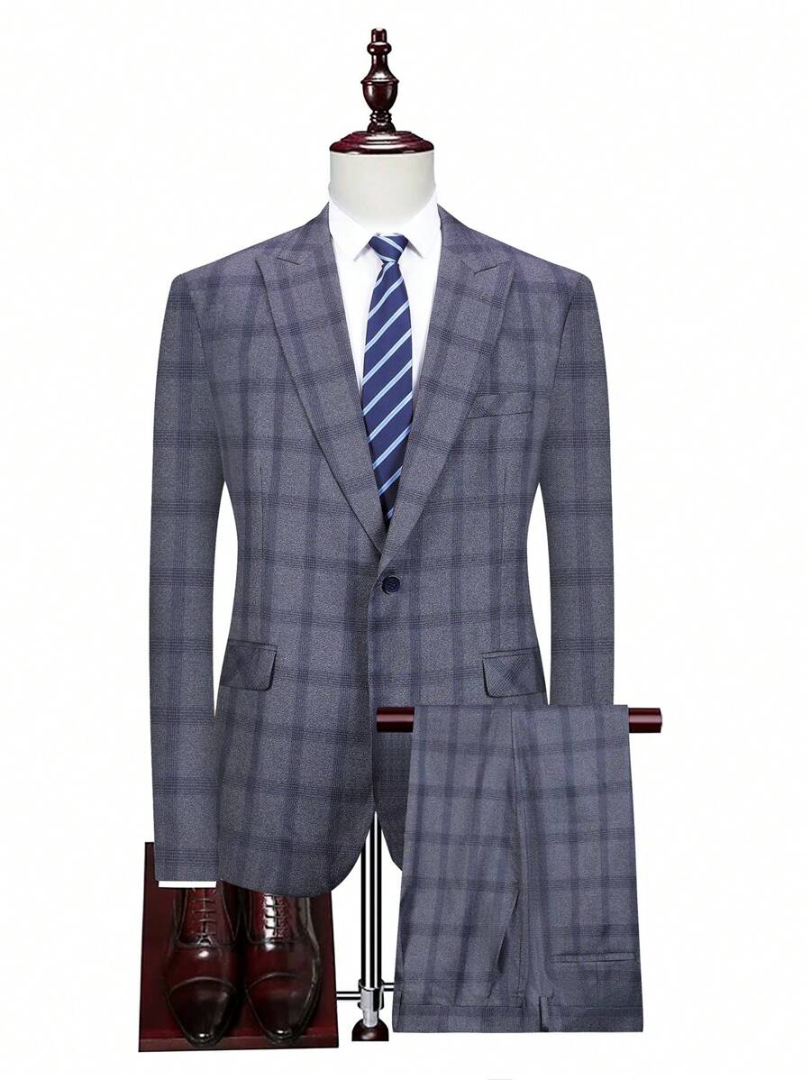 Manfinity Mode Conjunto de chaqueta y pantalones a cuadros de talla grande para hombre - Azul - Ver 1