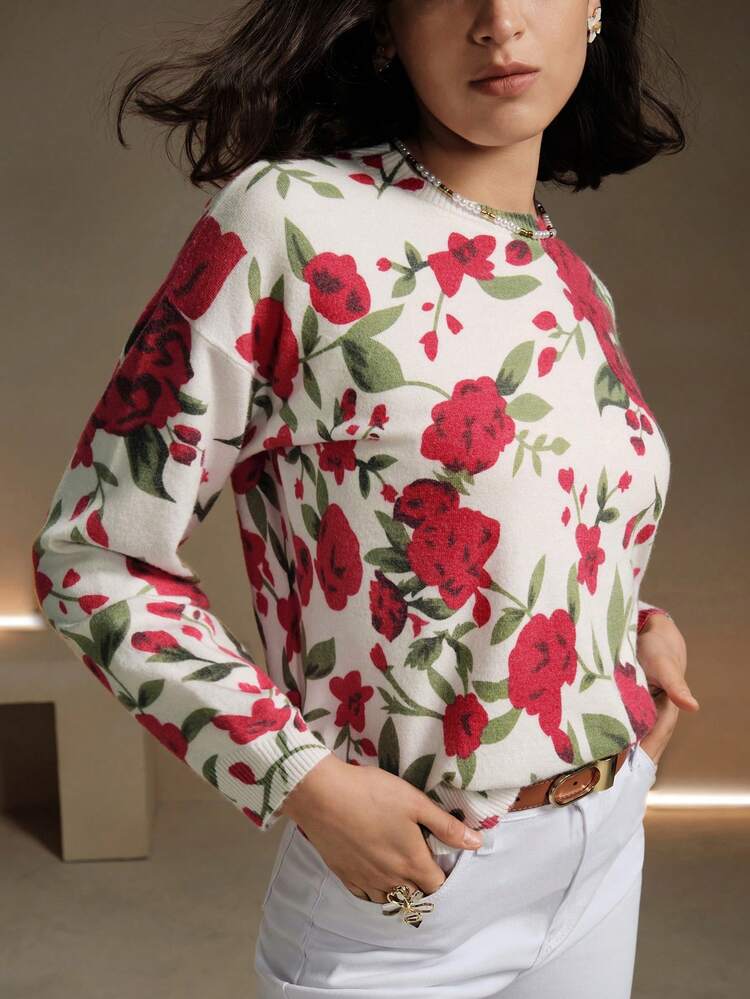 Women Rose Pattern Elegant Sweater, Knit Pullover Fall Winter