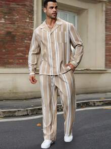 Manfinity Homme Men's Plus Size Spring Autumn Casual Striped Long Sleeve Shirt & Pants Set - Khaki - View 7