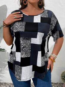 SHEIN CURVE+ 大码女式夏季圆领短袖拼色印花休闲 T 恤