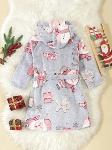 Young Boy Cute Christmas Cartoon Pattern Thick Long Sleeve Hooded Robe, Autumn/Winter - Blue - View 2