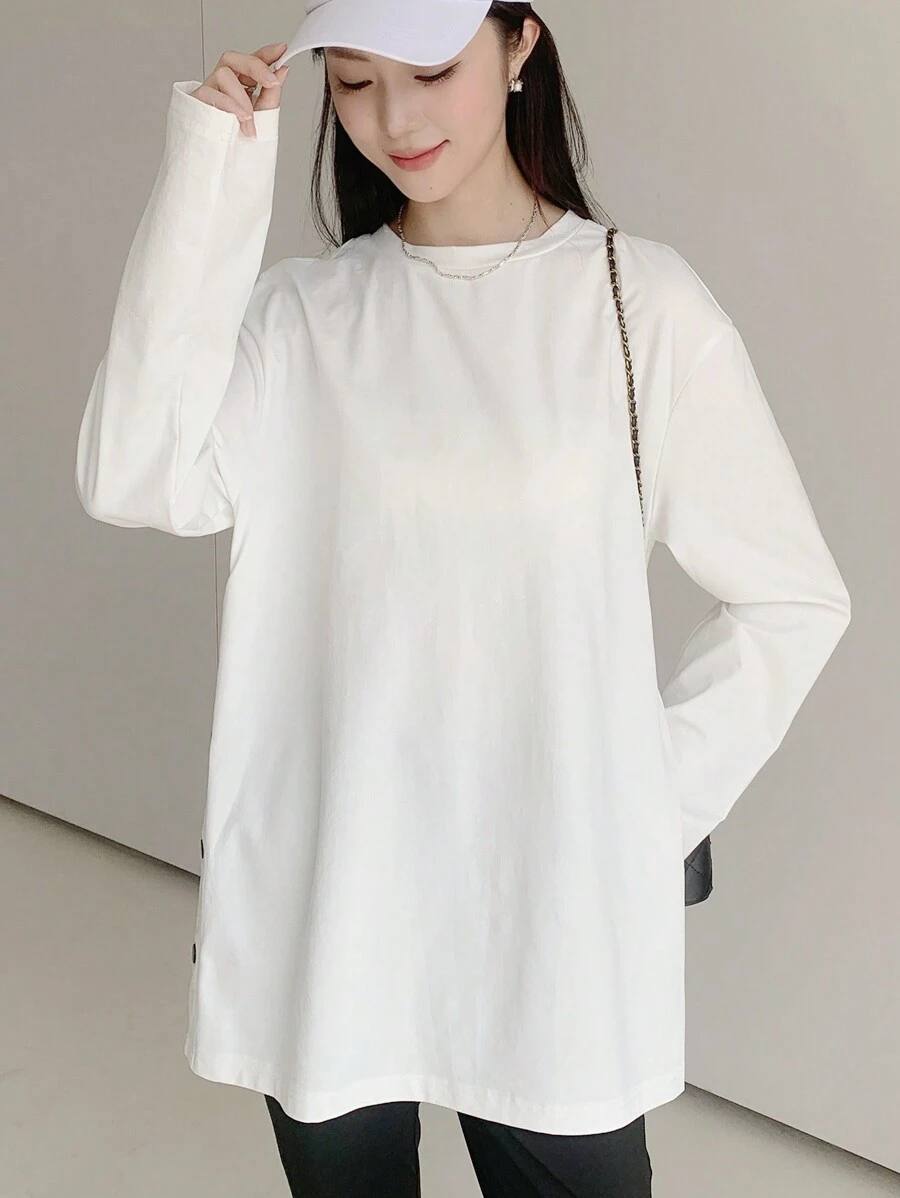 EastFlair Women's Casual Plain Side Button T-Shirt, Spring And Autumn