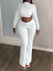 Slaydiva Women's White Casual Gym Autumn 2pcs Outfit,Stand Collar Long Sleeve Zipper Short Sweatshirt Jacket & Low-Rise Drawstring Skinny Pants Knitted Set - Grey - View 1