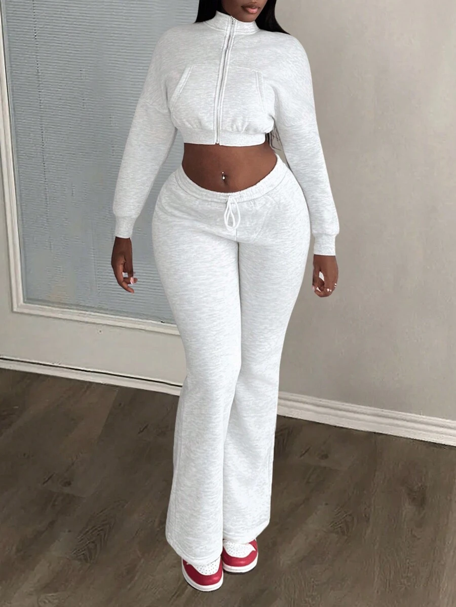Slaydiva Women's White Casual Gym Autumn 2pcs Outfit,Stand Collar Long Sleeve Zipper Short Sweatshirt Jacket & Low-Rise Drawstring Skinny Pants Knitted Set - Grey - View 1