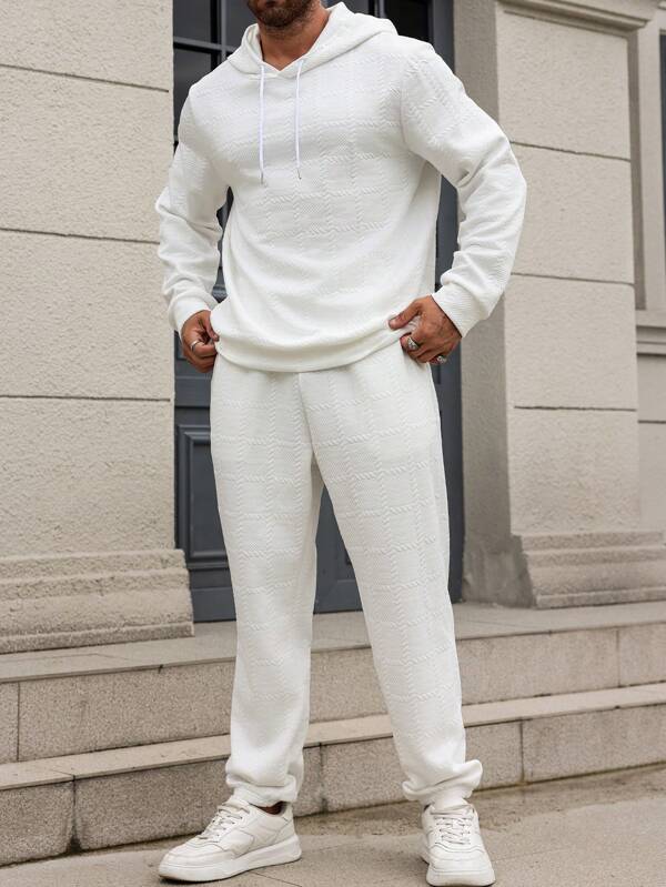 Manfinity Homme Men's Plus Size Spring And Autumn Solid Color Drawstring Hooded Sweatshirt And Sweatpants Set