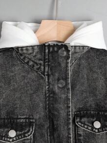 SHEIN Tween Boy Fashion Casual Black Denim Loose Stand-Up Collar With Multiple Cargo Pockets Design Shoulder Long Sleeve Jacket For Dailywear And Fall Boys Clothes - Black - View 3