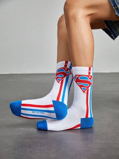 SUPERMAN X ROMWE 1 Pair Logo And Striped Pattern Crew Socks