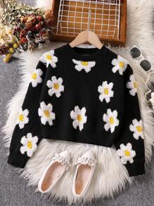 Tween Girls' Floral Pattern Knit Sweater, Spring Autumn - Black - View 1