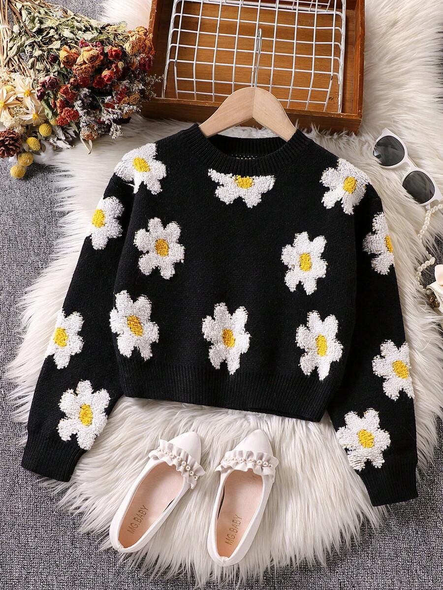 Tween Girls' Floral Pattern Knit Sweater, Spring Autumn - Black - View 1