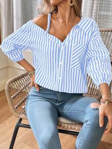 SHEIN Essnce Women's Casual Asymmetrical Shoulder Striped Blouse, Spring Summer