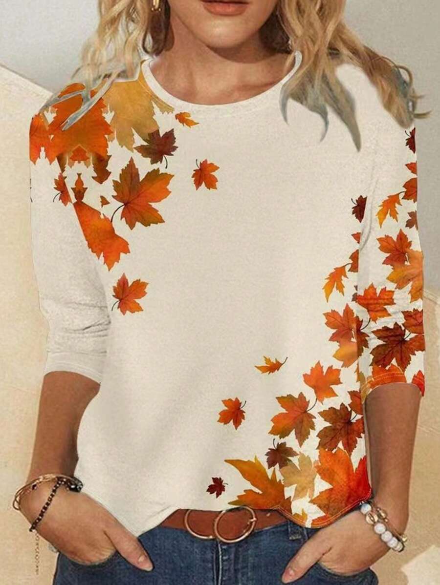 SHEIN LUNE Plus Size Women Spring And Summer Maple Leaf Print Crew Neck Long Sleeve Casual T-Shirt - Beige - View 1