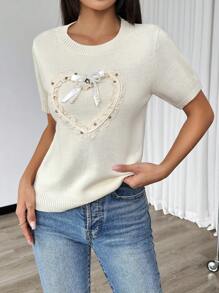 Chiquease Blusa de punto de cuello redondo de manga corta de unicolor con adorno de perlas falsas en forma de corazón, casual para uso diario - Albaricoque - Ver 3