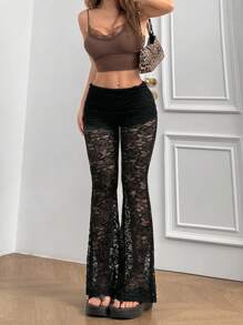 SHEIN EZwear Pantalones acampanados de malla de tela encantadora con aplicaciones de encaje y cintura plegable para mujer de corte slim