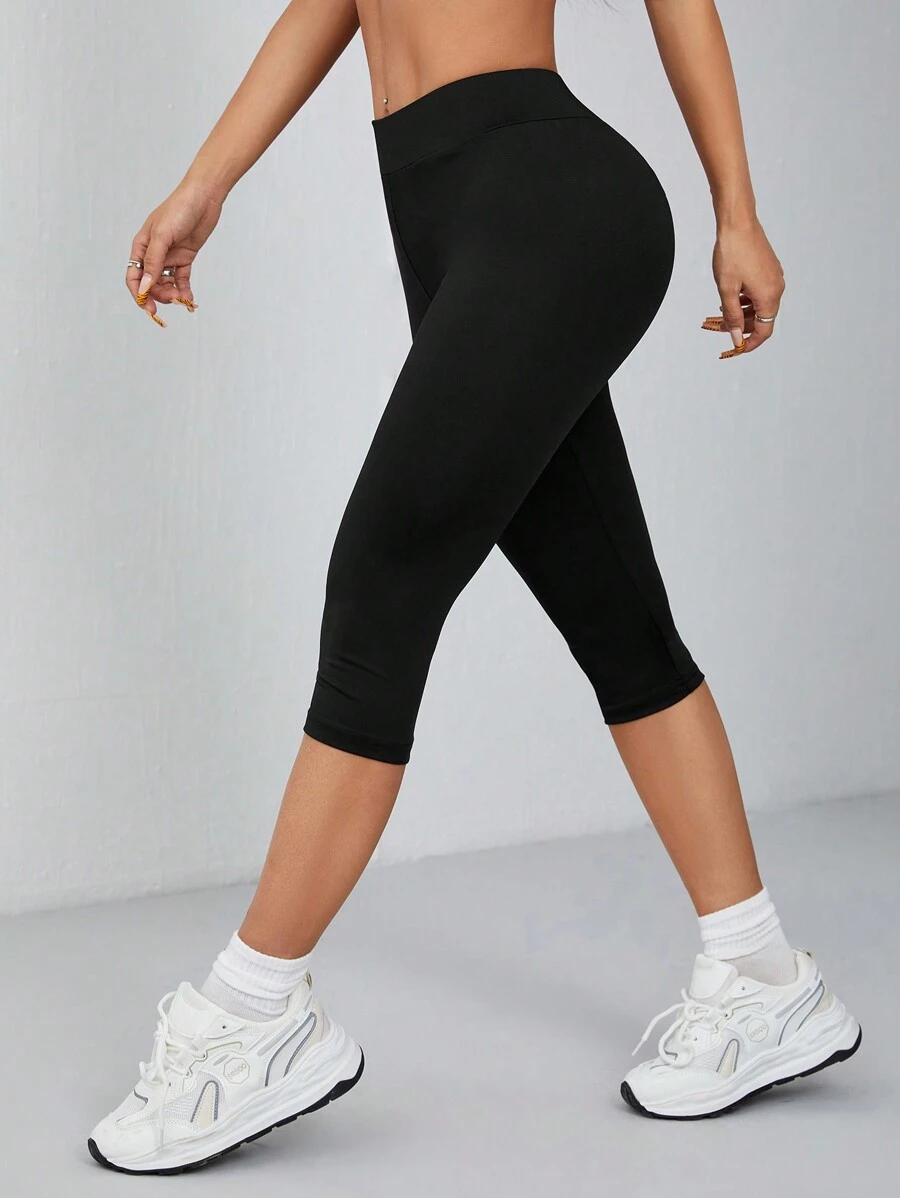 SHEIN PETITE 休闲简约黑色高腰七分紧身女士打底裤 - 黑色 - 查看 1