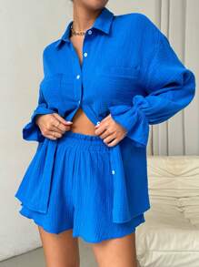 Chiquease Áo sơ mi và quần short có túi có tay loe - Xanh đậm - Xem 5