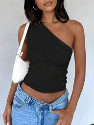 INAWLY Women's Asymmetrical Neck Asymmetrical Neck Fitted Ruffle Elegant Going Out Top