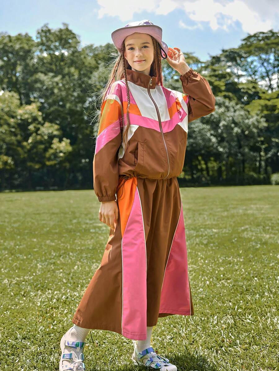 SHEIN 2 piezas/Conjunto Chaqueta con cuello alto y falda maxi de color bloque de contraste casual para niñas, adecuado para viajes al aire libre y estilo de calle urbana